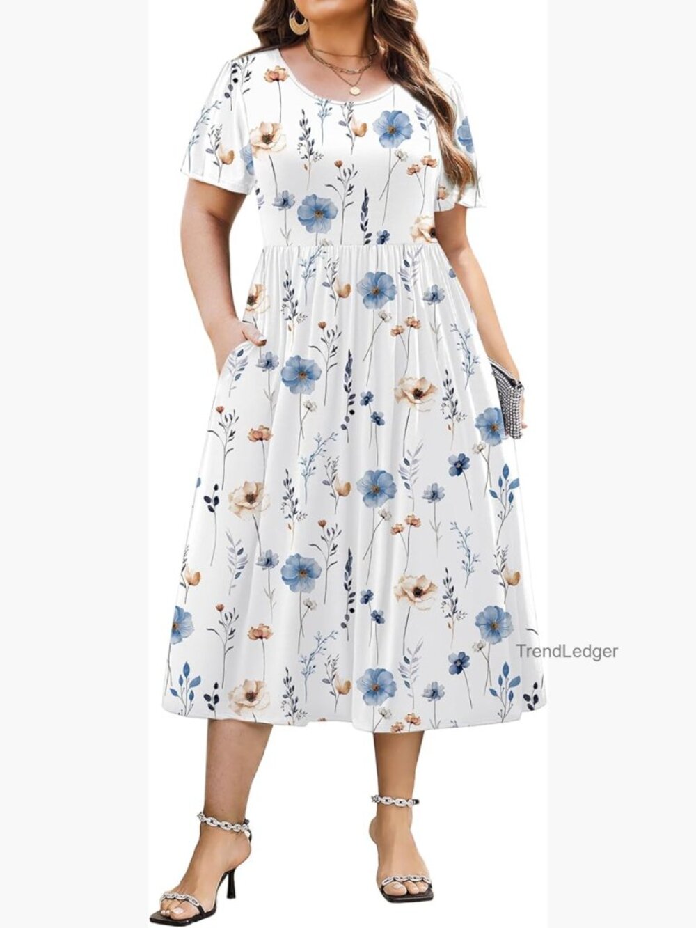 Plus Size Short Sleeve A-Line Midi Dress with Pockets Loose Flowy